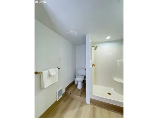a bathroom with a shower and toilet