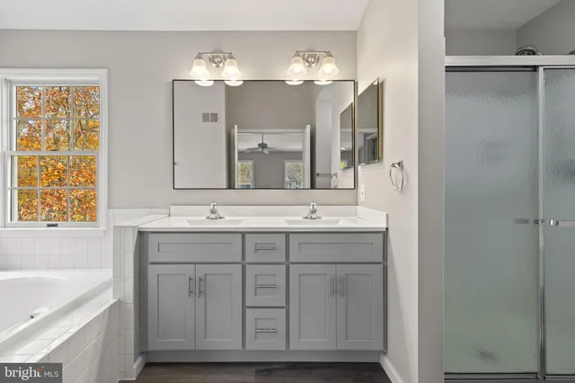 a bathroom with a tub a sink and mirror