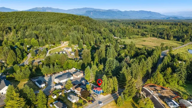 a view of a lush green field with mountains in the background