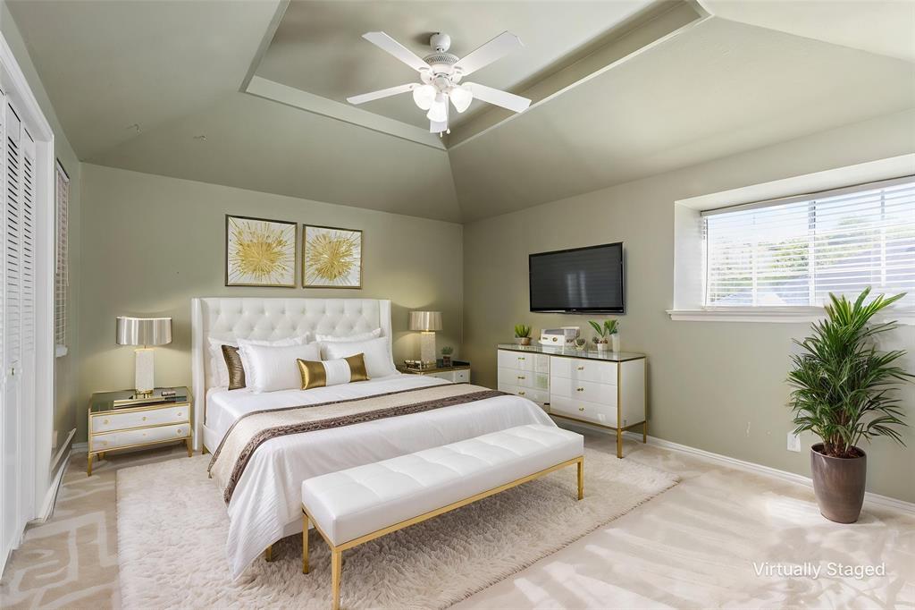 609 Seville Road Denton, TX 76205 - Photo 31 of 39 Bedroom Upstairs with carpet, ceiling fan. Jack & Jill bath access. Virtually Staged.