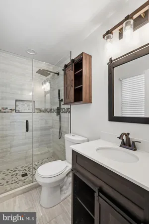 a bathroom with a sink a toilet and shower