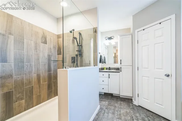 a bathroom with a shower a sink and a mirror