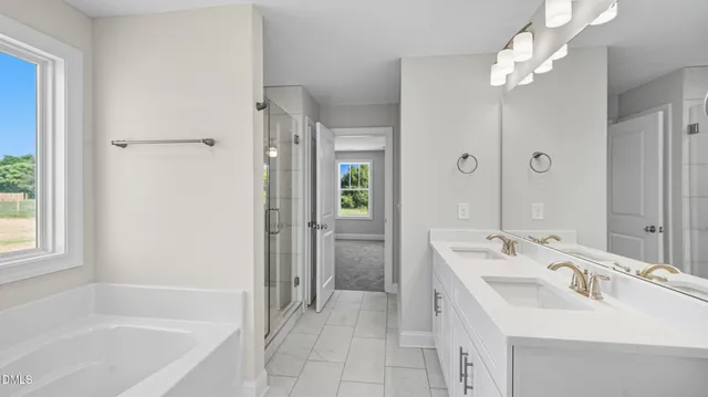a bathroom with a tub sink shower and a mirror