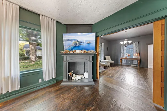 a view of living room with furniture and a fireplace