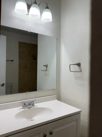 a bathroom with a sink and a mirror