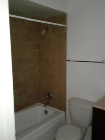 a bathroom with a bathtub and a toilet
