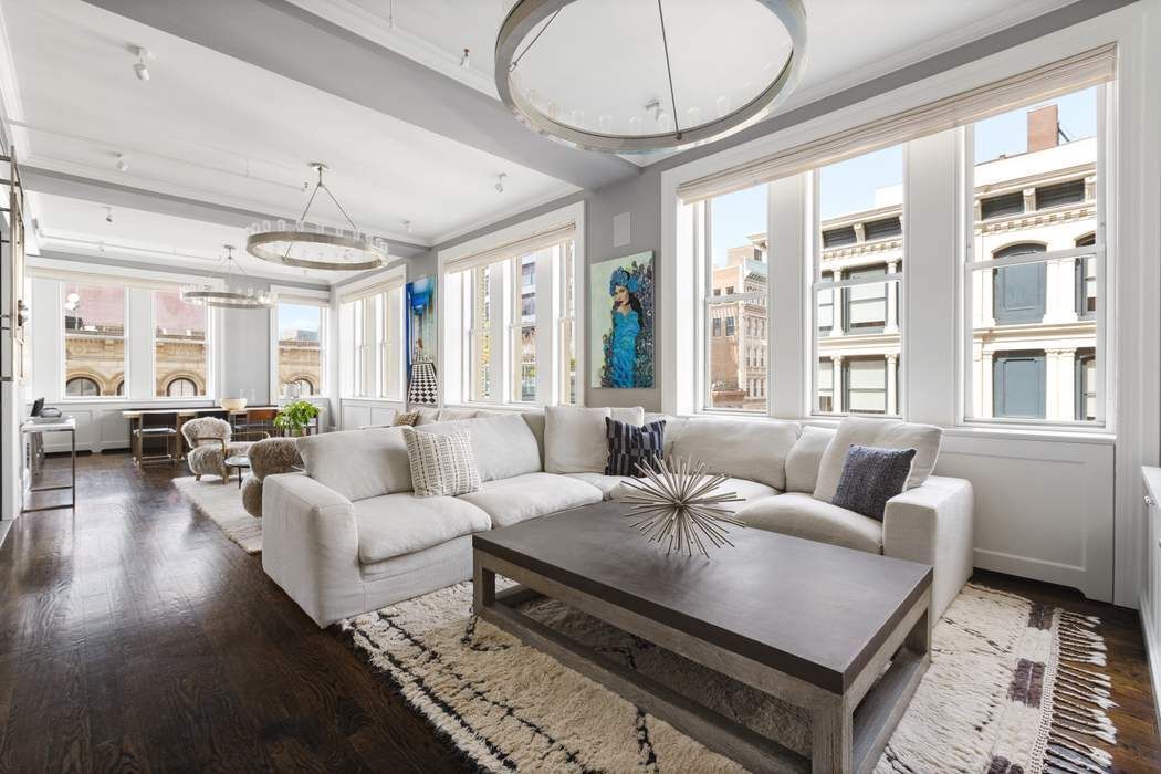 458 Broadway, Unit 6 Manhattan, NY 10013 - Photo 1 of 18 a living room with furniture a chandelier and a large window