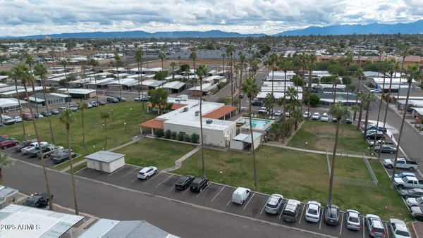 an aerial view of a house with a garden