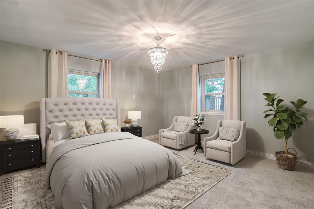 6336 Inca Road Fort Worth, TX 76116 - Photo 26 of 39 a spacious bedroom with a bed and a chandelier