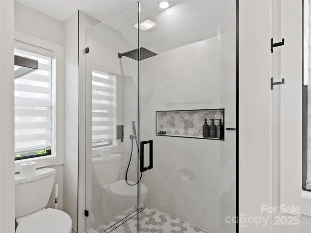 a bathroom with a shower and toilet