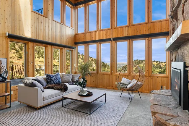a living room with furniture a rug plants and large windows