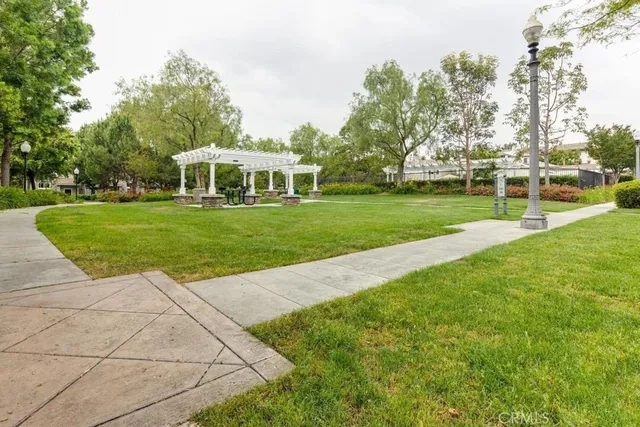 a view of a park with large trees