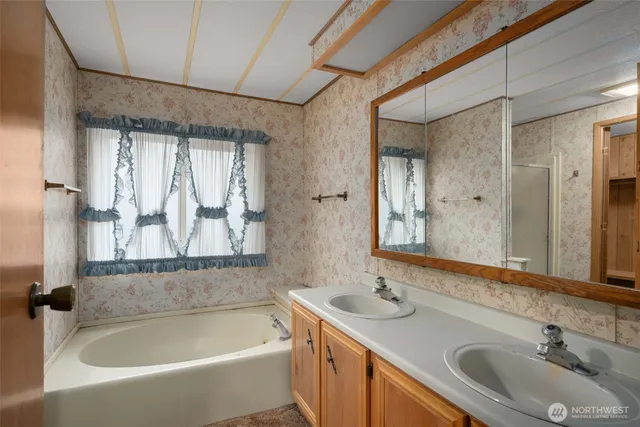 a bathroom with a tub sink and mirror
