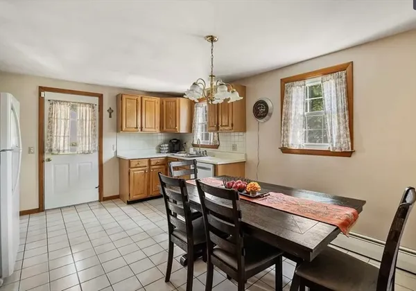 a view of a dining room with furniture