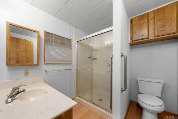 a bathroom with a sink a toilet and shower