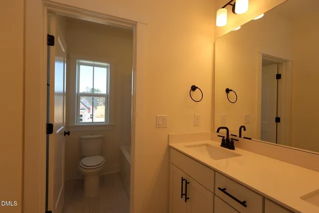 a bathroom with a sink a toilet a mirror and shower