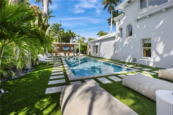 a view of a backyard with swimming pool