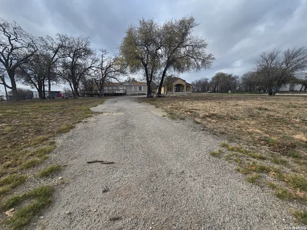 a view of dirt field with trees