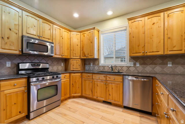557 South 1470th Street East Springville, UT 84663 - Photo 11 of 46 Kitchen with stainless steel appliances, dark stone counters, light hardwood flooring, recessed lighting, and wood finish cabinets