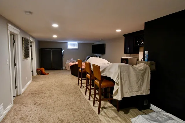 a view of a dining room with furniture