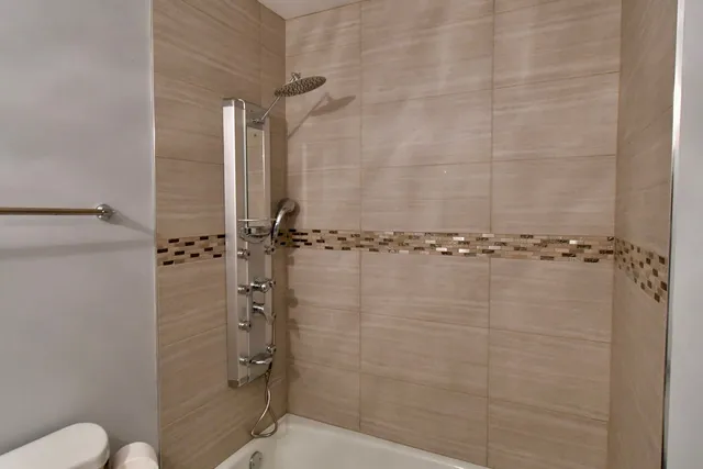 a bathroom with a shower and toilet