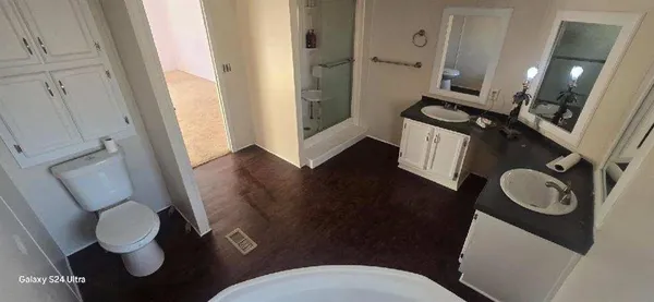 a bathroom with a toilet a sink and mirror