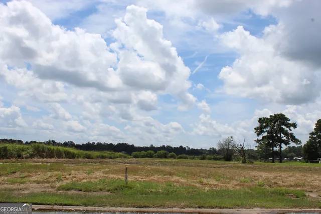 a view of a lake with houses in the back