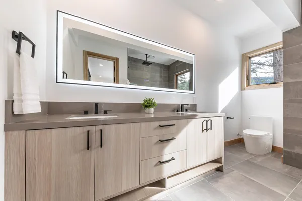 a bathroom with a granite countertop sink a mirror and a shower