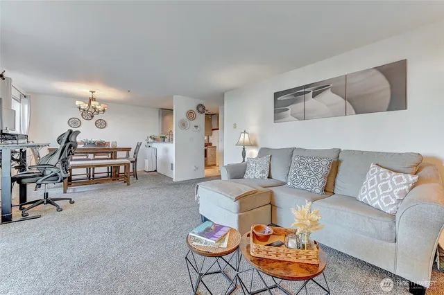 a view of a dining room with furniture a chandelier windows and wooden floor