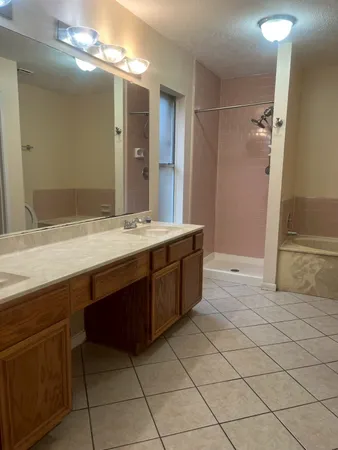 a bathroom with a granite countertop sink a mirror and a shower