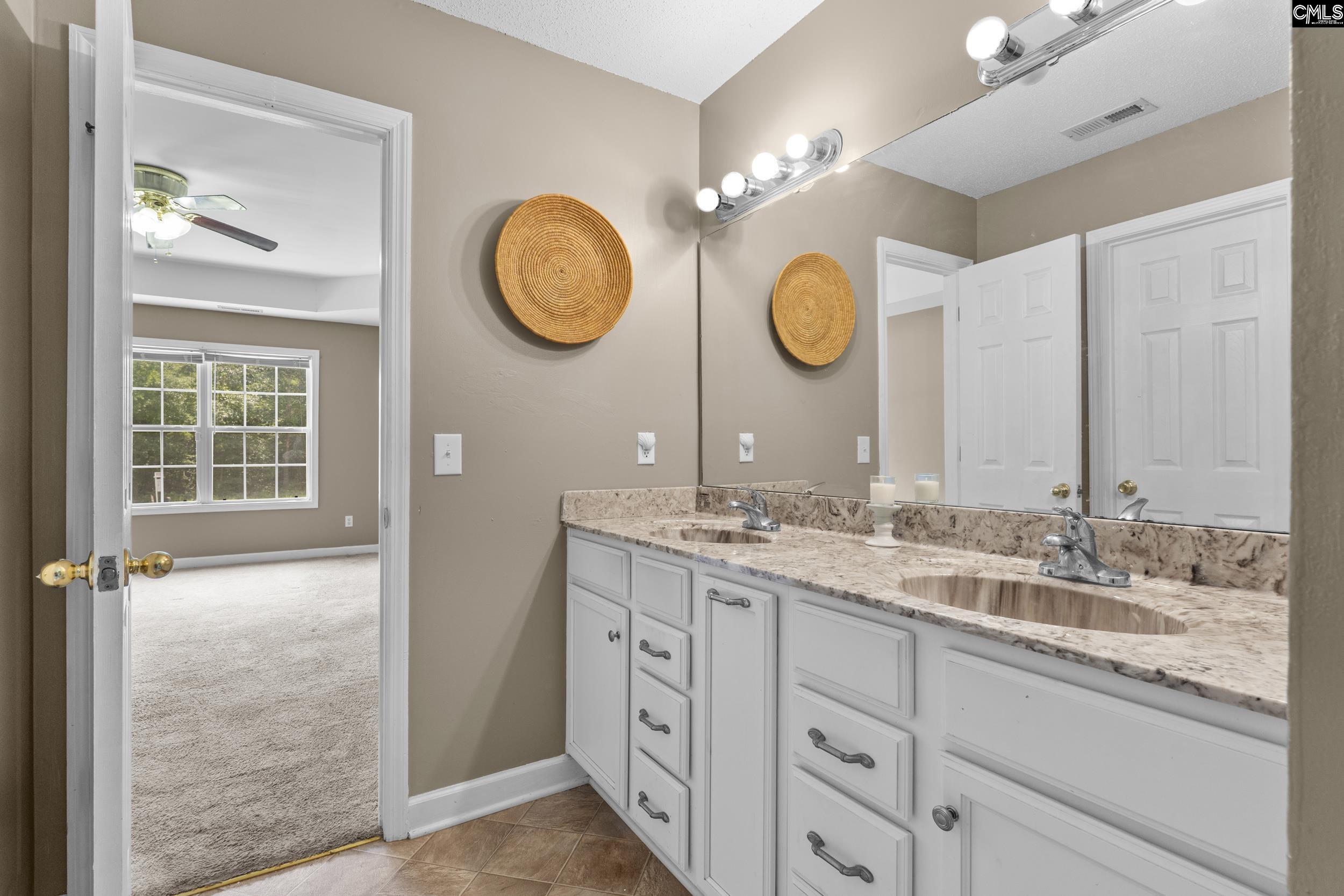548 Eskie Dixon Road Elgin, SC 29045 - Photo 16 of 27 a bathroom with a granite countertop sink and a mirror