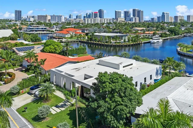 a view of a city with lawn chairs