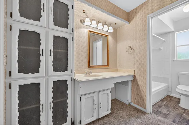 a bathroom with a sink and a mirror