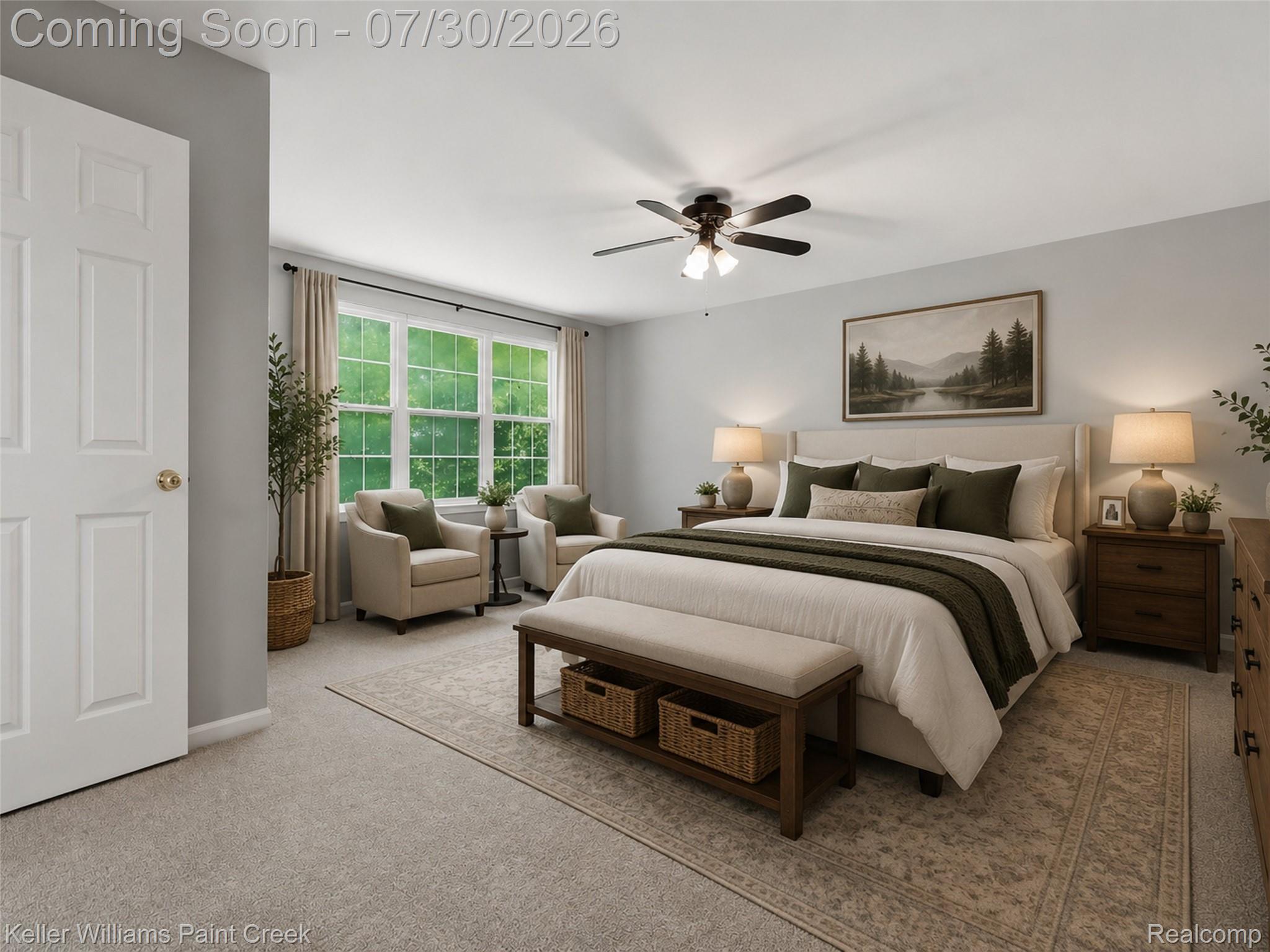 543 Arlington Drive Rochester, MI 48307 - Photo 21 of 59 Carpeted room featuring a large multi-pane window, ceiling fan with integrated lighting, a paneled door, and neutral wall tones