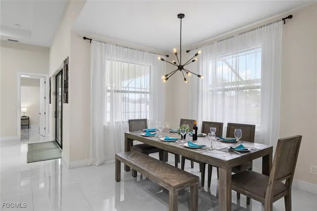 a view of a dining room with furniture window and outside view