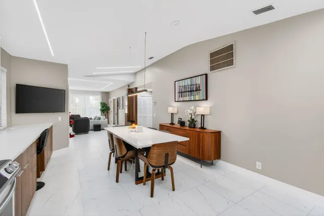 a view of a hallway with a workspace