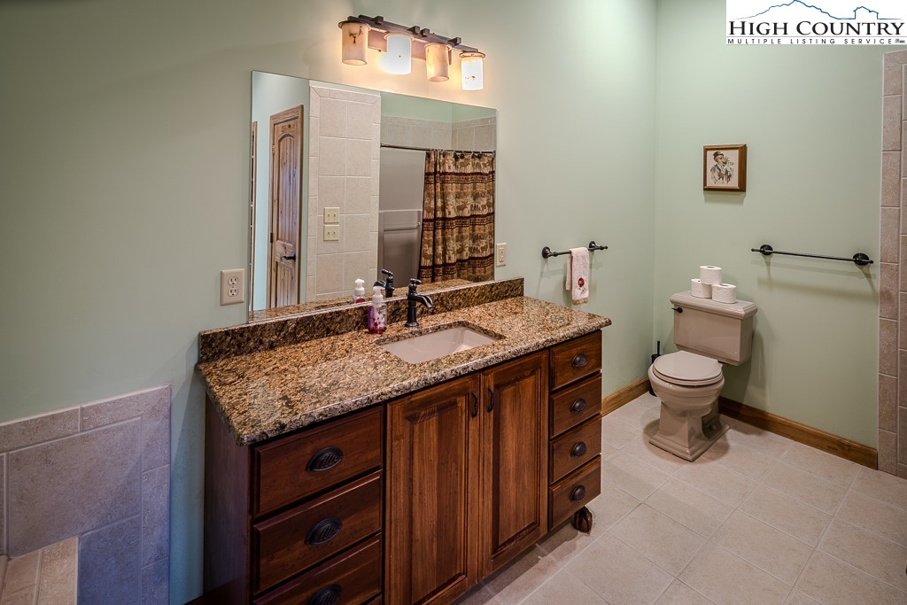 196 Hanley Lane Boone, NC 28607 - Photo 24 of 27 a bathroom with a granite countertop sink a toilet and a mirror