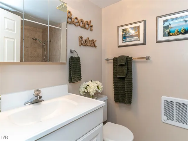 a bathroom with a sink vanity and toilet