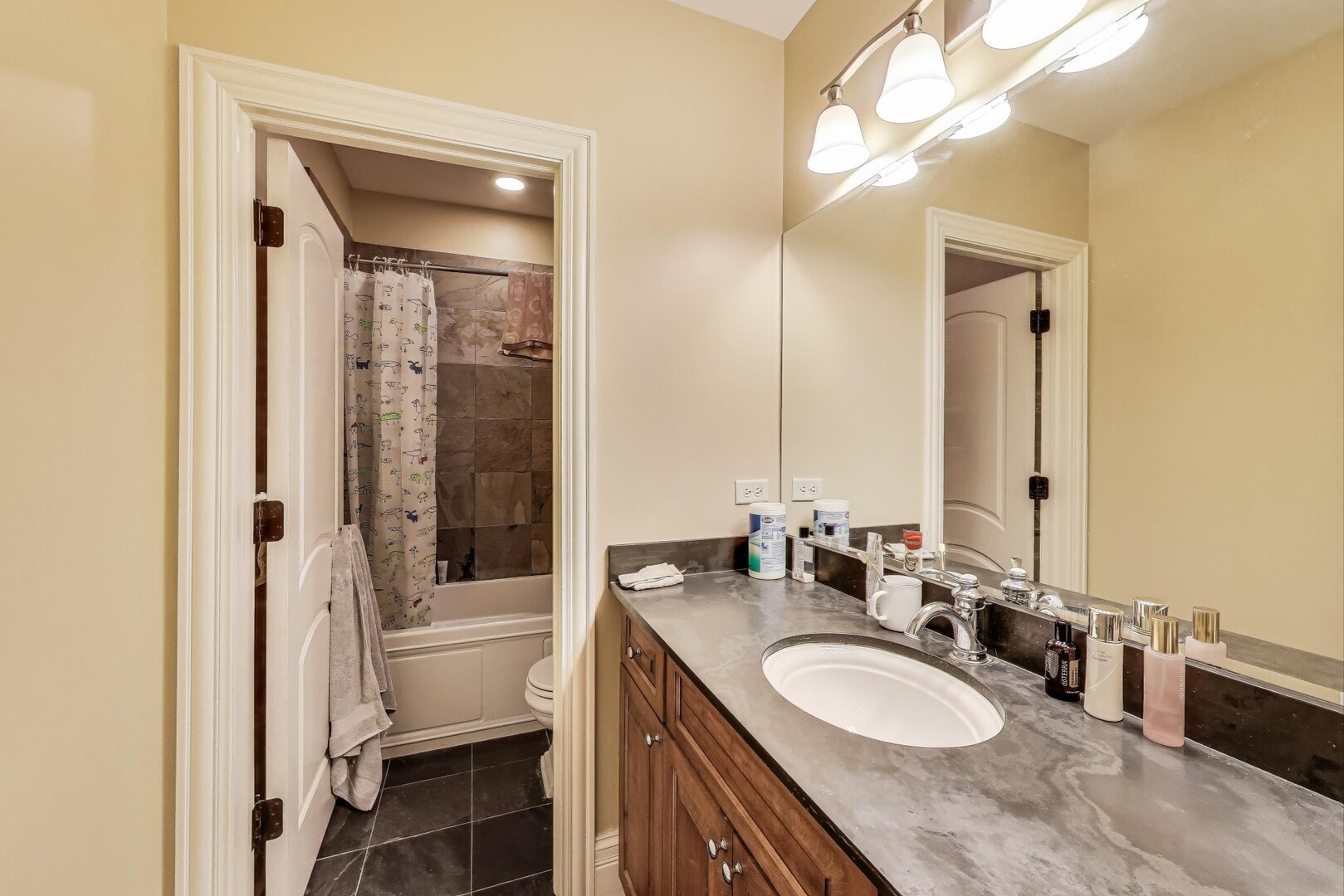 901 Pontiac Road Wilmette, IL 60091 - Photo 27 of 35 a bathroom with a granite countertop sink and a mirror