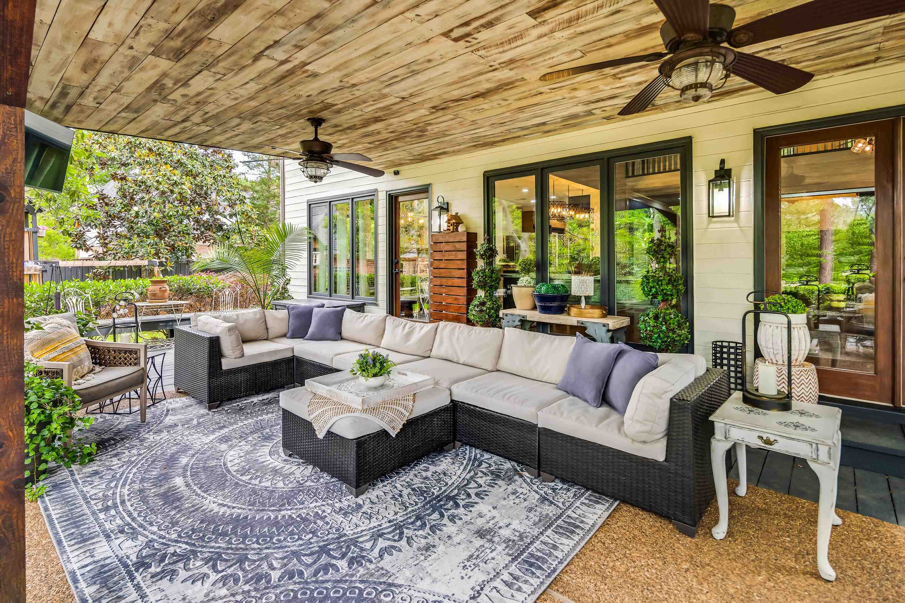 811 Sweetbrier Road Memphis, TN 38120 - Photo 30 of 40 Covered patio with a wood-finish plank ceiling and dual ceiling fans