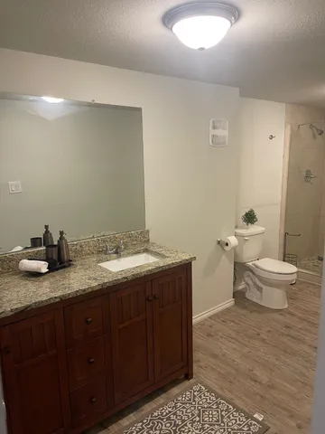 a bathroom with a granite countertop sink a toilet and a mirror