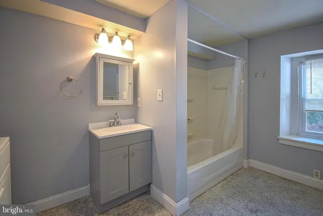 a bathroom with a sink a mirror and a shower