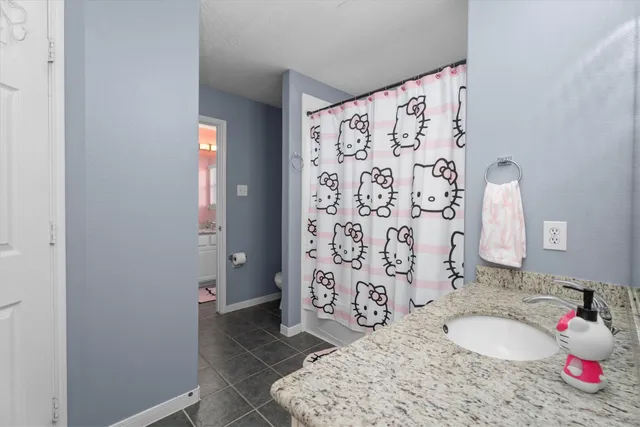 a bathroom with a sink toilet and shower curtain