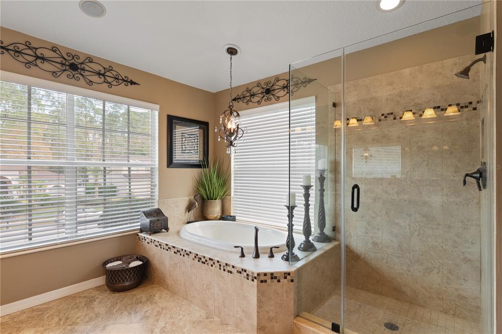 4202 Rotherham Court Palm Harbor, FL 34685 - Photo 37 of 61 a bathroom with a granite countertop tub a sink and a shower