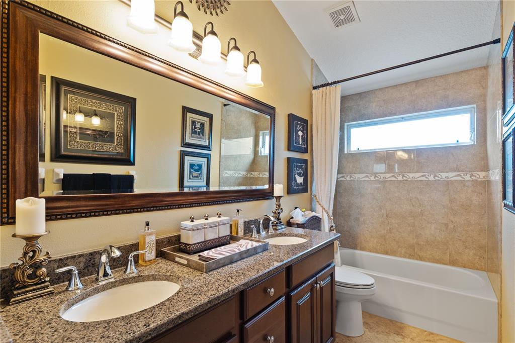 4202 Rotherham Court Palm Harbor, FL 34685 - Photo 38 of 61 a bathroom with a granite countertop sink mirror vanity bathtub and a toilet