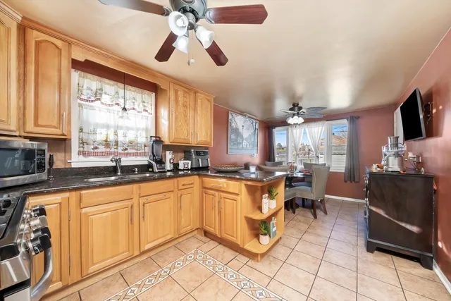 a large kitchen with cabinets