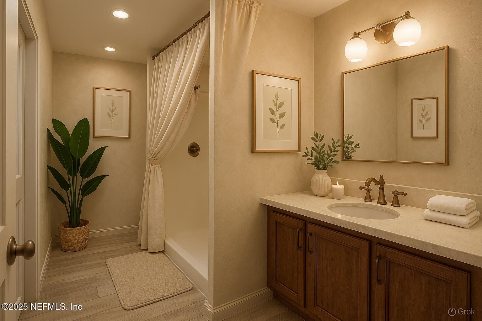 1001 Shell Street Welaka, FL 32193 - Photo 14 of 28 a bathroom with a granite countertop sink a mirror and a shower