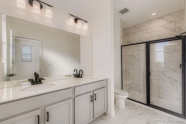 a bathroom with a double vanity sink toilet and shower