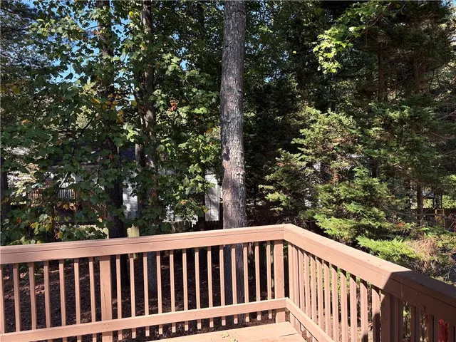 a view of a wooden deck and a forest
