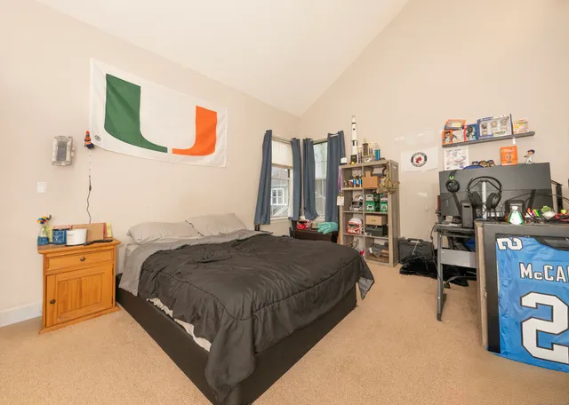 a bed room with a bed and a television